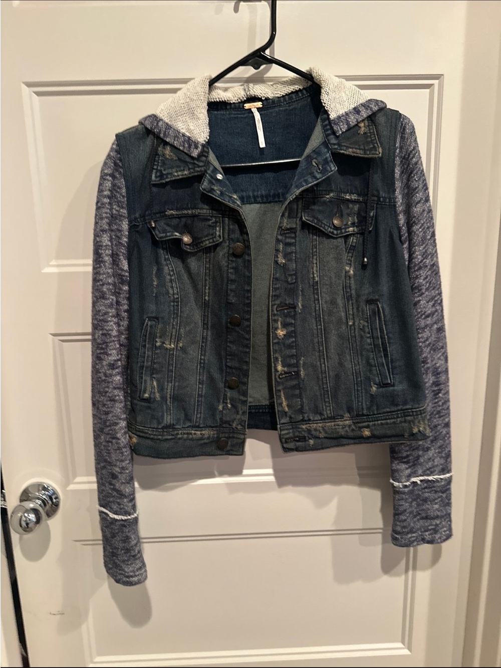 Free People Distressed Denim Jacket with Heathered Knit Hood & Sleeves - Blue
